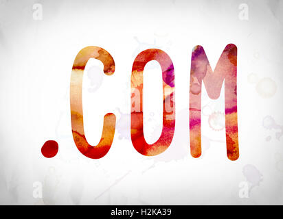 The word '.com' written in watercolor washes over a white paper background concept and theme. Stock Photo