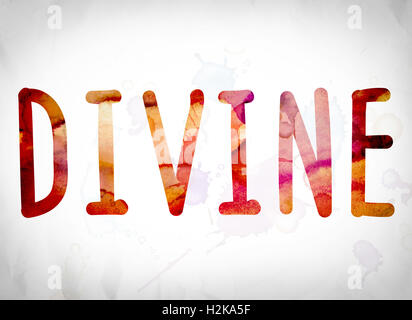 The word 'Divine' written in watercolor washes over a white paper background concept and theme. Stock Photo