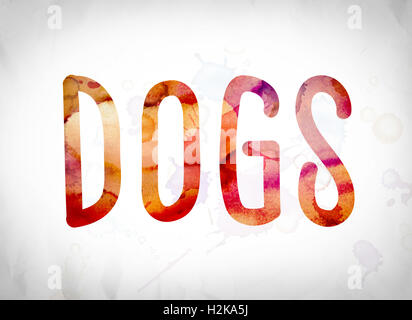 The word 'Dogs' written in watercolor washes over a white paper background concept and theme. Stock Photo