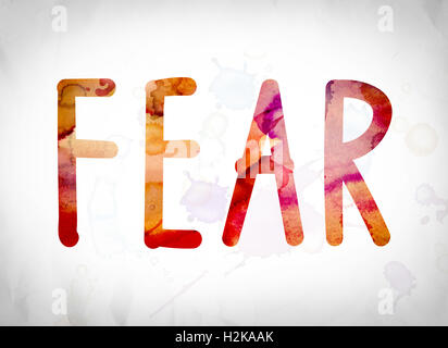 The word 'Fear' written in watercolor washes over a white paper background concept and theme. Stock Photo