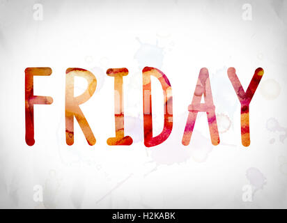 The word 'Friday' written in watercolor washes over a white paper background concept and theme. Stock Photo