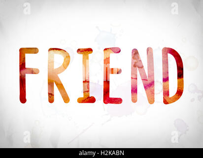 The word 'Friend' written in watercolor washes over a white paper background concept and theme. Stock Photo