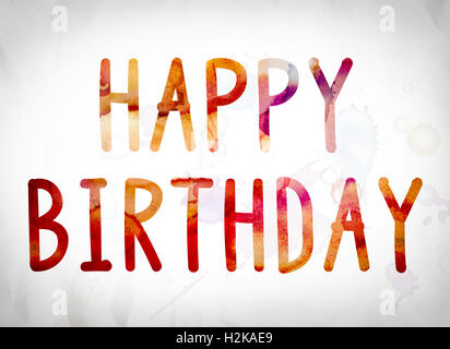 The word 'Happy Birthday' written in watercolor washes over a white paper background concept and theme. Stock Photo
