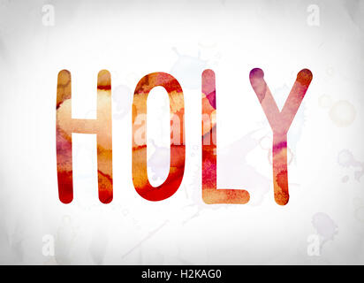 The word 'Holy' written in watercolor washes over a white paper background concept and theme. Stock Photo