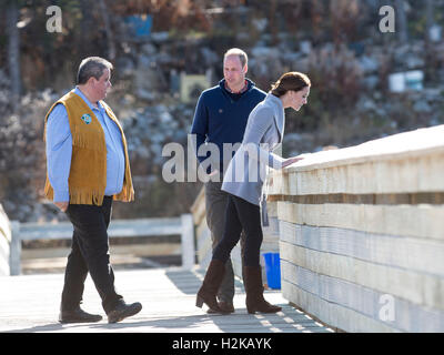 The Duke and Duchess of Cambridge walk over a bridge crossing the Yukon river in Carcross, Canada, on the fifth day of the Royal Tour to Canada. Stock Photo