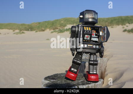 Vintage robot on beach, island Ameland, Netherlands Stock Photo