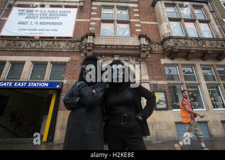 EMBARGOED TO 0001 FRIDAY SEPTEMBER 30 EDITORIAL USE ONLY The Guerrilla Girls, a group of anonymous feminist activists founded in 1985, unveil a banner on the facade of the Whitechapel Gallery in London to launch their new campaign Ã Guerrilla Girls: Is it even worse in Europe?, which will be visible both inside and outside the gallery and will run from 1 October 2016 to 5 March 2017. Stock Photo