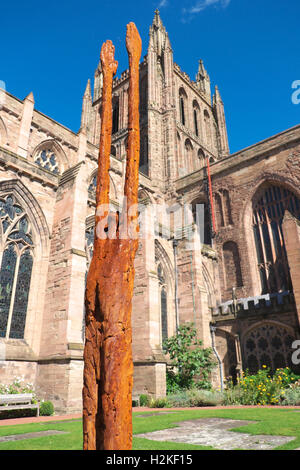 Hereford Cathedral, Hereford, UK - Beyond Limitations sculpture by John O'Connor made of iron resin and stainless steel Stock Photo