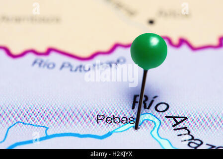 Pebas pinned on a map of Peru Stock Photo