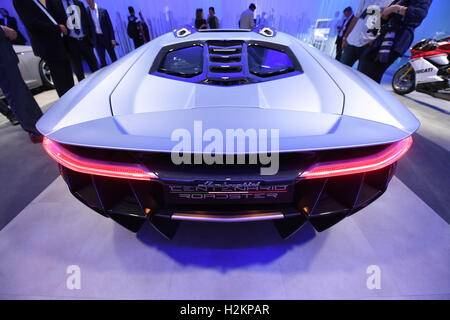 Paris, France. 28th Sep, 2016. The Lamborghini Centenario Roadster being presented during the VW Group Night in the run-up to the Paris Motor Show in Paris, France, 28 September 2016. PHOTO: ULI DECK/dpa/Alamy Live News Stock Photo