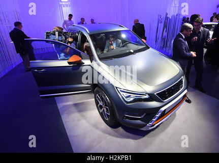 Paris, France. 28th Sep, 2016. The Seat xperience Atega being presented during the VW Group Night in the run-up to the Paris Motor Show in Paris, France, 28 September 2016. PHOTO: ULI DECK/dpa/Alamy Live News Stock Photo