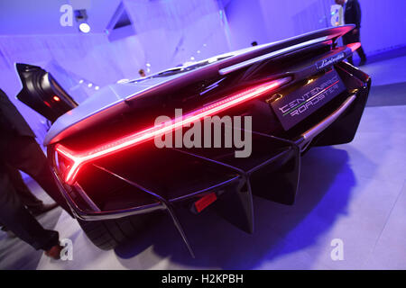 Paris, France. 28th Sep, 2016. The Lamborghini Centenario Roadster being presented during the VW Group Night in the run-up to the Paris Motor Show in Paris, France, 28 September 2016. PHOTO: ULI DECK/dpa/Alamy Live News Stock Photo