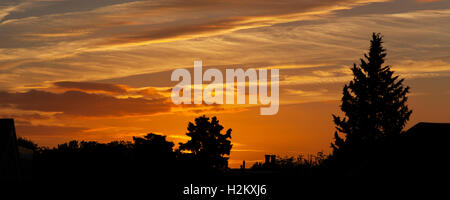 Wimbledon, London, UK. 29th September, 2016. Panoramic rooftop view of setting sun over SW London suburban rooftops and gardens in silhouette. Credit:  Malcolm Park editorial/Alamy Live News. Stock Photo