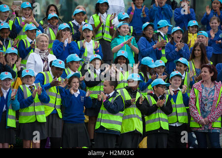 London, UK. 29th Sep, 2016. Local schoolchildren cheer the Mayor of London, Sadiq Khan, at the launch of the new London Curriculum for primary schools at the London Curriculum Festival at the Scoop. More than 1,800 primary schools across 33 London boroughs will be able to bring learning to life, inspired by London's people, places and heritage, as part of the new ‘Going Underground' unit on the London Curriculum. Credit:  Mark Kerrison/Alamy Live News Stock Photo