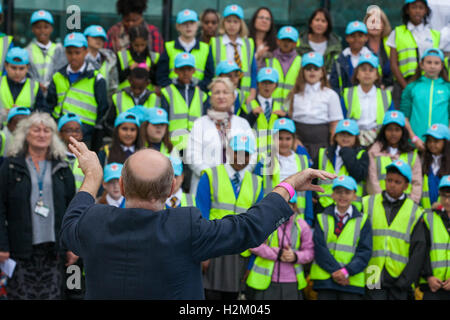 London, UK. 29th Sep, 2016. Local schoolchildren welcome the Mayor of London, Sadiq Khan, to launch the new London Curriculum for primary schools at the London Curriculum Festival at the Scoop. More than 1,800 primary schools across 33 London boroughs will be able to bring learning to life, inspired by London's people, places and heritage, as part of the new ‘Going Underground' unit on the London Curriculum. Credit:  Mark Kerrison/Alamy Live News Stock Photo