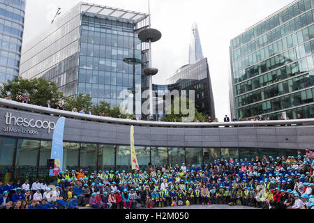 London, UK. 29th Sep, 2016. Local schoolchildren prepare to welcome the Mayor of London, Sadiq Khan, to launch the new London Curriculum for primary schools at the London Curriculum Festival at the Scoop. More than 1,800 primary schools across 33 London boroughs will be able to bring learning to life, inspired by London's people, places and heritage, as part of the new ‘Going Underground' unit on the London Curriculum. Credit:  Mark Kerrison/Alamy Live News Stock Photo