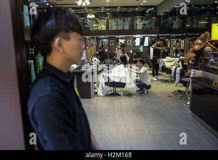 Los Angeles, California, USA. 5th Sep, 2016. A barber shop at the1930 Folk Street, part of Shanghai Urban Planning Exhibition Center, in Shanghai, China. Shanghai is the most populous city in China and the most populous city proper in the world. It is one of the four direct-controlled municipalities of China, with a population of more than 24 million as of 2014. It is a global financial centre, and a transport hub with the world's busiest container port. Located in the Yangtze River Delta in East China, Shanghai sits on the south edge of the mouth of the Yangtze in the middle portion of Stock Photo