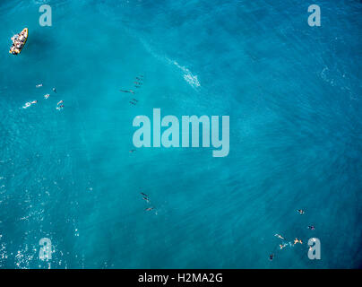 Aerial view of a Dolphin tour boat on the West side of Oahu Hawaii Stock Photo