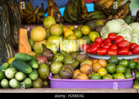 Colorful fruits and vegetables for sale in a Liberian marker, straight from the farm. Stock Photo