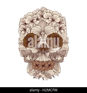 Vintage flowers skull composition on white background Stock Vector