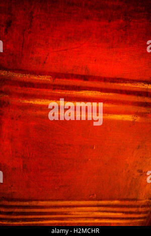 Full frame red patina texture with yellow grooves. Stock Photo