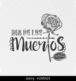 Dia de los Muertos lettering. Day of the dead. Modern vector hand drawn calligraphy with rose over dotted background Stock Vector