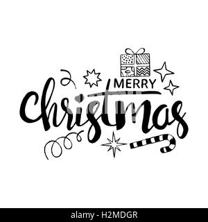 Merry Christmas lettering. Modern vector hand drawn calligraphy with gift box, confetti, stars and xmas candy cane Stock Vector