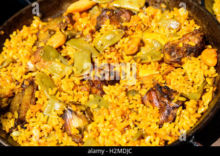 Traditional Valencian Paella With Rice And Chicken Stock Photo