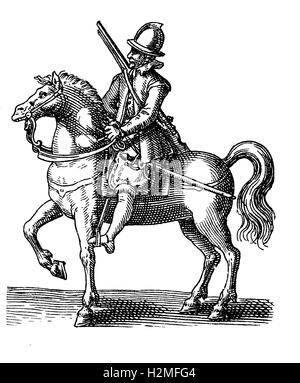 Vintage engraving of 1616, thirty years war knight with armor and sword ...