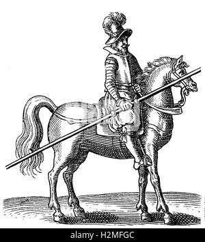 Vintage engraving of 1616, thirty years war knight with armor and sword ...