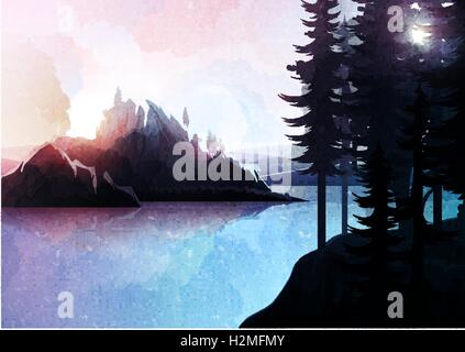 Nature landscape, mountain forest and lake, watercolor style. Stock Vector