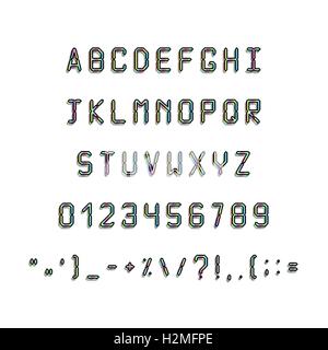 Printed font. Fonts 80s, 90s with a hologram. Simple Letters and symbols. Stock Vector
