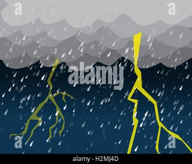 Heavy rain and lightening in dark sky, vector Stock Vector