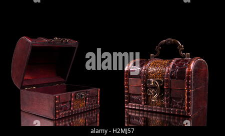 vintage treasure chests closeup on table Stock Photo