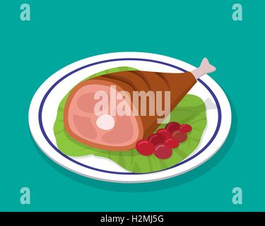 Grilled Roast leg steak on white plate with salad, vector Stock Vector