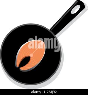 Raw salmon steak on a black round iron pan, vector Stock Vector