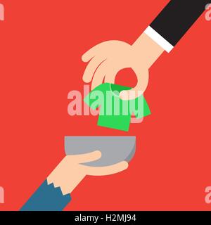 Donation concept. Hand putting cloth to poor man, vector Stock Vector
