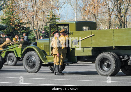 DNEPROPETROVSK, UKRAINE - October 29, 2013: Reconstruction of forcing Dnieper River 152 Guards Division in 1943 Stock Photo