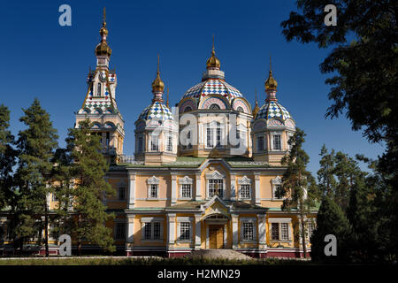 Side view of Ascension Cathedral Russian Orthodox wood church in Almaty Kazakhstan Stock Photo