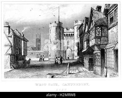 An engraving of the West Gate, Canterbury, Kent scanned at high resolution from a book printed in 1846. Believed copyright free. Stock Photo