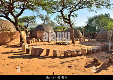 Traditional  Zulu village setting  used for performances in the  Shakaland Cultural Village, Shakaland, South Africa Stock Photo