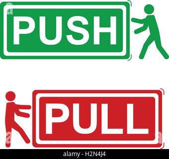 PUSH AND PULL SIGNS with man icon pushing or pulling, green and red vector illustrations. Stock Vector