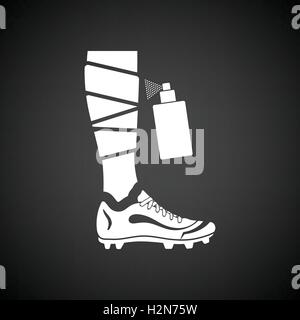 Soccer bandaged leg with aerosol anesthetic icon. Black background with white. Vector illustration. Stock Vector