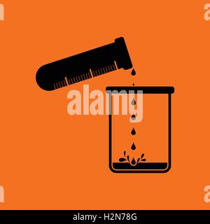 Icon of chemistry beaker pour liquid in flask. Orange background with black. Vector illustration. Stock Vector