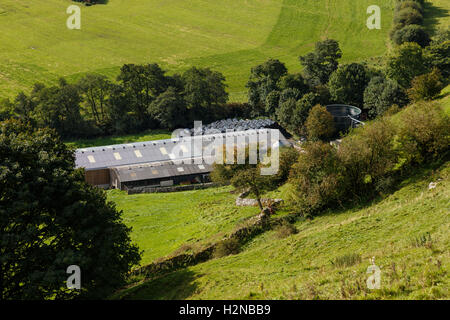 View of farm land and River Dove. In Crowdecote, Derbyshire, England. Stock Photo