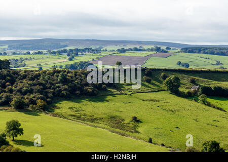 View of farm land and River Dove. In Crowdecote, Derbyshire, England. Stock Photo