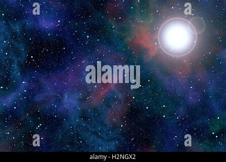 High resolution abstract background with cosmic space filled by stars. Bright star in close proximity and colored nebulae