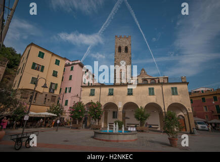 The main square in Monterosso Al Mare, looking towards the Church of St John the Baptist, Monterosso, Cinque Terre, Italy Stock Photo