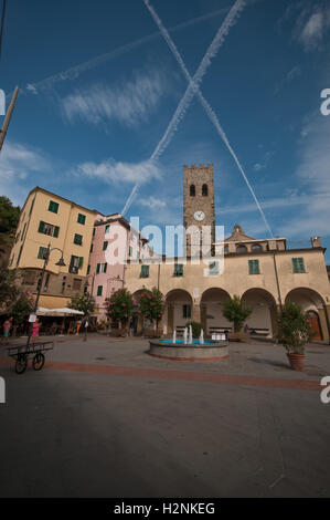 The main square in Monterosso Al Mare, looking towards the Church of St John the Baptist, Monterosso, Cinque Terre, Italy Stock Photo