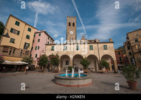 The main square in Monterosso Al Mare, looking towards the Church of St John the Baptist, Monterosso, Cinque Terre, Italy, Stock Photo